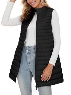 Women's Ultra Light Long Down Puffer Vest with Stand Collar, Zipper Pockets,